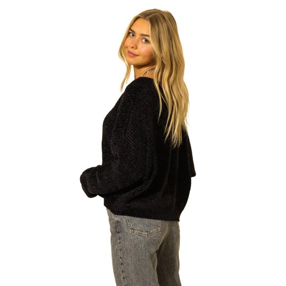 COPY - DOUBLE ZERO BLACK V NECK DROP SHOULDER CHENILLE SWEATER - NWT - SZ: S/M/L - Picture 4 of 11